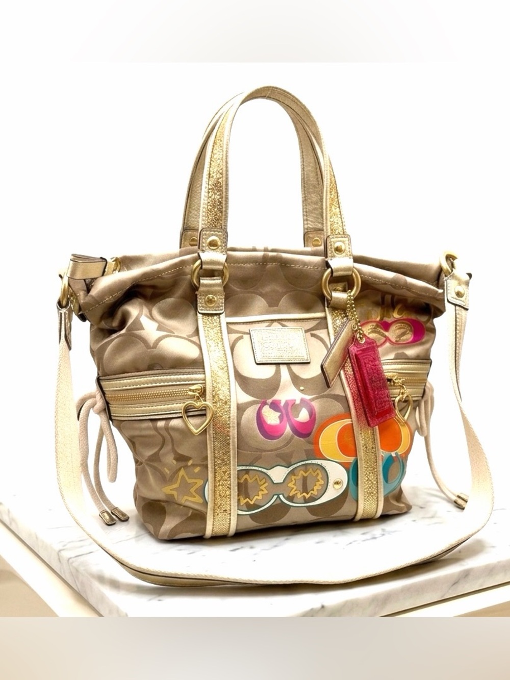 Coach Poppy Pop C Signature Glam Tote Bag Gold Glitter Y2K F21101
